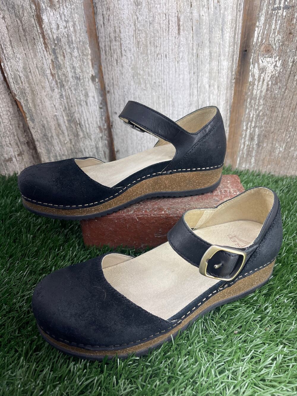 Dansko Mae Mary Jane Clogs Black Burnished Suede EU36